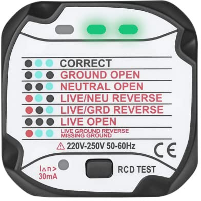 Earth Potential Socket Tester for UK 13amp 240v Power Socket – Checks Live, Neutral and Earth Connections and Polarity with Automatic Status Display – Includes an RCD Breaker Tester