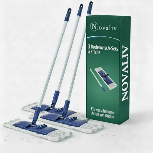 Novaliv Bodenwisch-System inkl. Stange | 3tlg. Weiß | 46x13 cm und 140 cm lang |Platzsparend|Nass-Wischer für Fast jeden Boden | Mopp für Reinigung von Laminat Fliesenböden Hartholz
