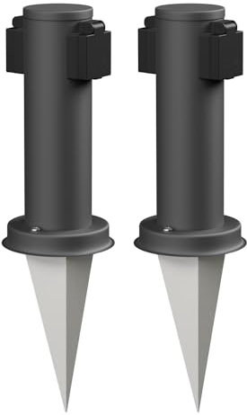 ledscom.de 2 prese da giardino a colonna PORU con picchetto a terra per esterni, a 2 ingressi, in acciaio inox, antracite, rotonde, 27cm