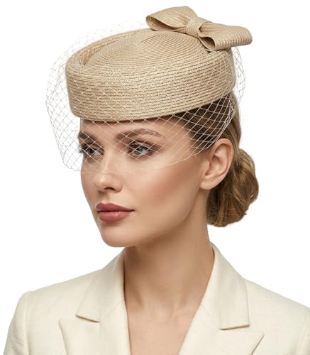 F FADVES Straw Fascinator Vintage Hat Bow Veil Pillbox for Wedding Tea Party 20s 50s Headwear