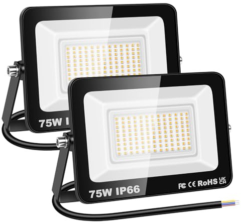 RIGIDON 2 st Outdoor Flood LED-arbetsljus, 75W 7500 Lumens strålkastare, dagsljus varmvit säkerhetslampa för trädgårdsgård gräsmatta Basket fotbollsplan uteplats Landskap, IP66 Vattentät 3000K