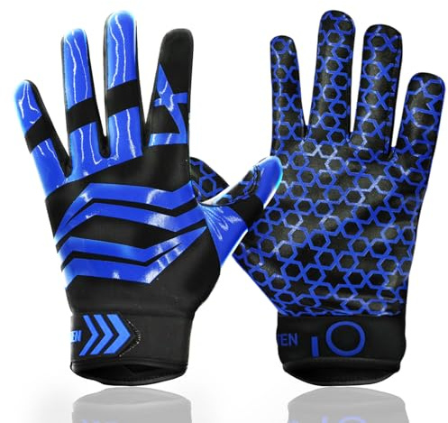FINGER TEN Football Receiver Gloves Youth Receiving Gloves Pro 3.0 Durable Breathable Flexible for Kids Boys Girls in White Red Black Blue Small Large Medium X-Large (B-Blue, Medium)