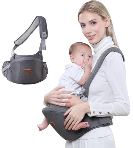 SUNVENO hüftsitz baby träger Hüftsitz mit Gurt und Tasche babytrage hüftsitz Hüfthocker Praktische Vordertrage für 0-20 kg (GrauSchultergurte)