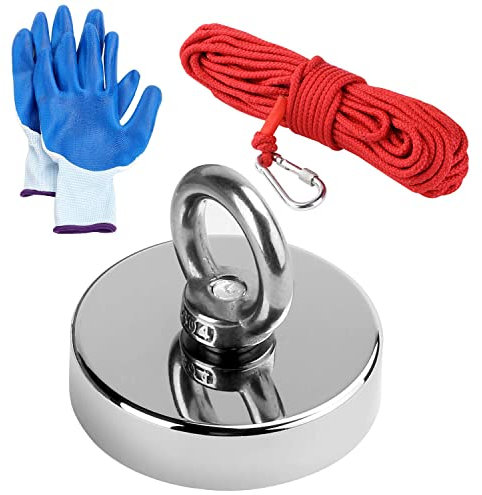 INF 80KG Haftkraft Doppelseitig Neodym Ösenmagnet mit Handschuhe, Magnete mit Seil (10M/33ft) Perfekt zum Magnetfischen - Ø 55mm