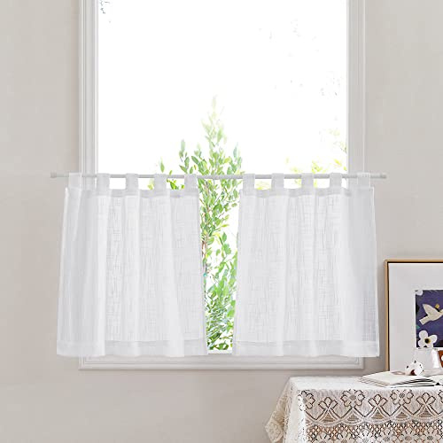 Pony Dance Bistrogardin uppsättning av 2 fönstergardiner kök vit linnetextur gardiner i lantlig stil gardiner halvtransparenta korta gardiner för vardagsrum slinga gardin set om 2, B 60 x H 90 cm