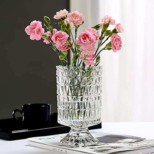 LUZLED Glass Vase, Vintage Clear Glass Vase, Goblet-Shaped Glass Vase, Embossed Big Base Vase, Wide Mouth Flower Vase Hydroponics Planter Decorative Vase for Home Decor