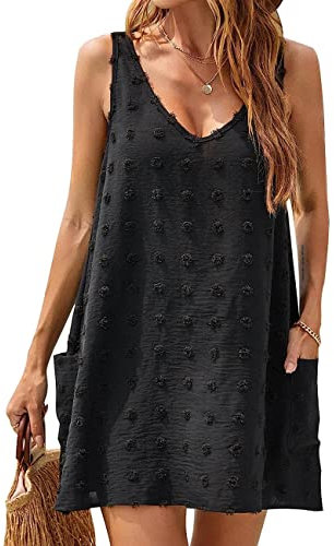 RPAEOY Damen Strandkleid mit Taschen V-Ausschnitt Sommerkleid Sommer Strandponcho Boho Strandtunika Bikini Cover-Ups Strandurlaub Badeanzug Beachwear Bademode Kurze Kleid (Schwarz,XL)