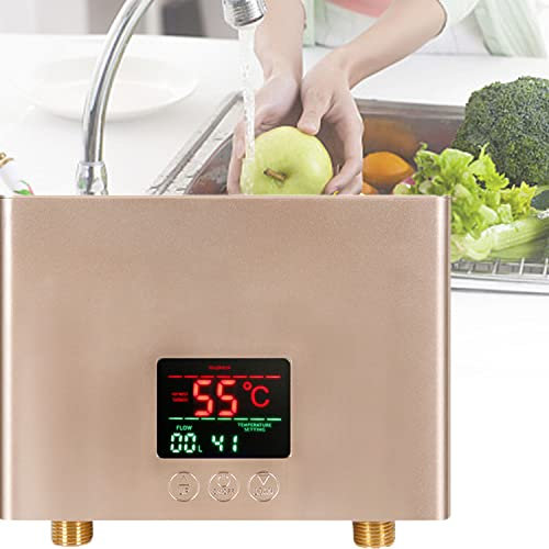 HNCXHX Mini Scaldabagno Elettronico Istantaneo, Termostato Scaldabagno Elettrico Intelligente, con Display Digitale Telecomando per Bagno Cucina Domestica, per Cucina Bagno,Gold