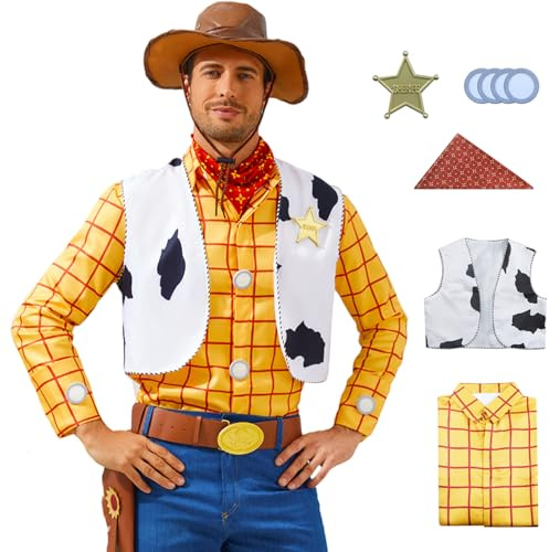 AYYOHON Cowboy Costume Adult Western Plaid Shirt Vest Neckerchief Sheriff Badge Set Mens Halloween Cosplay Outfits