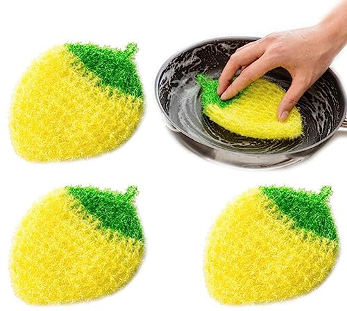 Wudaizhi 4pcs Scouring Pads Fruit Strawberry Shaped Sponge Dish Scrubber for Kitchen Sink Dishes Bowl Plate Cleaning, Yellow