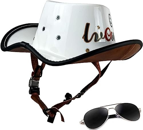 Retro-Motorrad-Halbhelm, Offener Motorradhelm, Sommer-Western-Cowboyhut, Niedriges Profil, Coole Halbgesichtshelme, Totenkopf-Kappen-Helm, DOT-Zugelassen A,M(57-58cm)