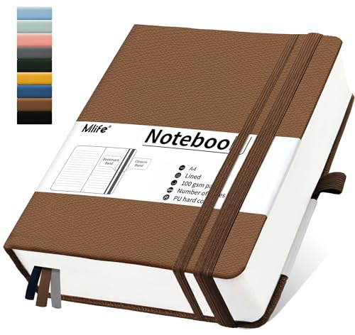 Mlife Notizbuch A4 Liniert,Dickes Notizbücher mit 360 Seiten und 100g/M² Tintenfestes Papier,Hardcover Collegeblock, Tagebuch mit 2 Rücktasche für im Büro oder in der Schule(Braun)
