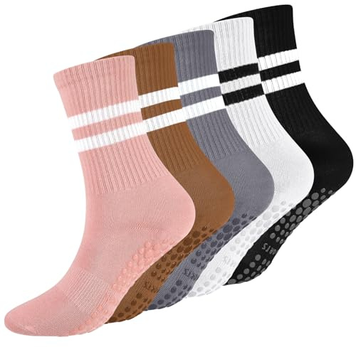 Radsocken 5 pares de calcetines antideslizantes de yoga para mujeres y hombres con agarres, calcetines antideslizantes de punta completa para ballet, barra, fitness, hospital, hogar, rosa, talla única