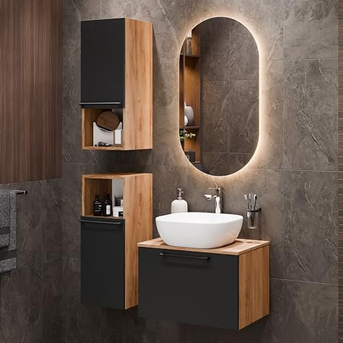 Planetmöbel Astra Ensemble Salle de Bain avec lavabo 60 cm, 2 colonnes, chêne doré Anthracite, Vasque 42 cm Blanche