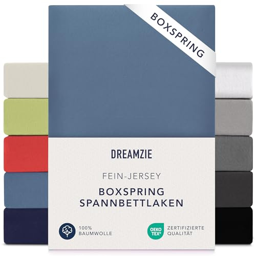 Dreamzie - Spannbettlaken Boxspringbett - 180x200cm / 200x200cm - Baumwolle | Blau · 100% Premium Jersey · 37cm Hoch · Oeko-Tex zertifiziert · Elastikband · Spannbetttücher für Hohe Matratzen
