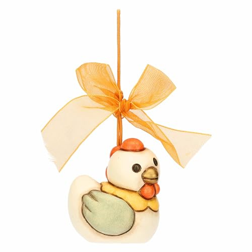 THUN, Addobbo Gallina Ester in Ceramica Decorata a Mano con Nastro, Linea Sorprese di Pasqua, 4.2 x 4 x 5.2 cm h