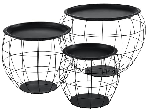 In And OutdoorMatch Beistelltisch Nedra - Couchtisch - 3er Set - Abnehmbare Tischplatte - Schwarz - Metall und MDF - Modernes Design