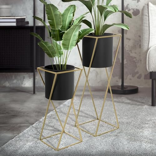 ML-Design Set de 2 Supports de Plantes, 21x21x47/25x25x71 cm, en Acier, Doré/Noir, Pots de Fleurs avec Cache-Pot, Porte-Fleur Décoratif, Tabouret de Moderne pour Salon Entrée Bureau Salle de Séjour