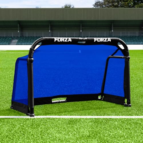 FORZA POD Tor | Pro Alu50 Tragbares Pop-Up-Trainingstor mit Netz und Tragetasche, Schnellaufbau | Leicht und robust fürs Training (Dunkelblau, 1,5m x 0,9m, Mit Tragetasche)