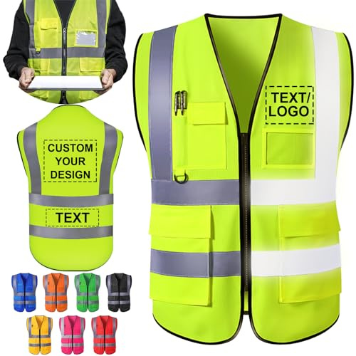 ShAxzHen Gilet de sécurité personnalisé pour homme et femme avec poches logo, vêtements de travail haute visibilité personnalisés avec bande réfléchissante, vert fluorescent, XL