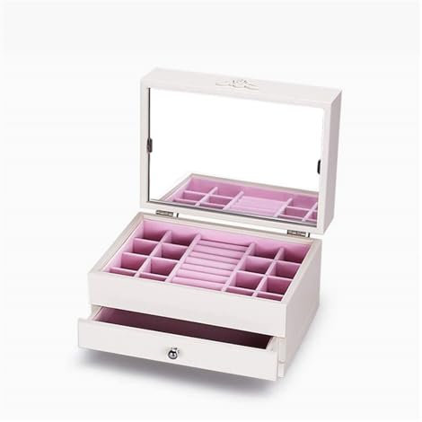 Schmuckkästen Schmuckschatulle mit Kunstblumen und Schmuck-Organizer aus Holz, Schmuckaufbewahrungsbox mit Spiegel, Schmucketui mit großer Kapazität Geschenke(Blanc)