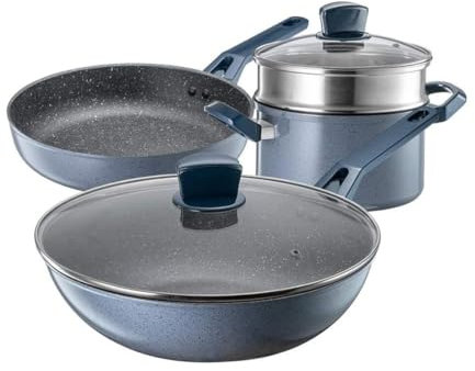 RUVOO Batteria di Pentole, Set di Pentole 3 Pezzi Wok Pentola per Zuppa con Coperchio in Vetro Padella in Lega di Alluminio Pentola Antiaderente Set da Cucina Utensili Cucina Set Pentole
