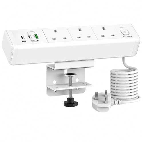 Desk Power Socket with 65W USB, Haiaoyyds Aluminium Alloy Desktop Clamp Power Strip with 3 UK Plugs, 3 USB Ports, Overload Switch, 1.8M Cable, Ideal for Office, Home, Workspace, White