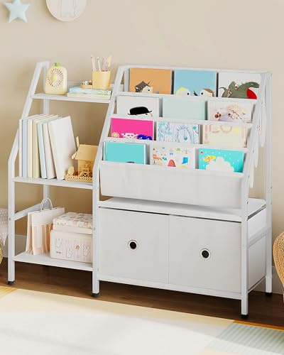 CHOEZON 39.4 Kids Bookshelf, Book Shelf for Kids Room, Sling Bookcase with 3-Tier Toy Storage Shelf and 2 Drawers, Children's Bookshelf for Nursery, Classroom, White TCW10WB