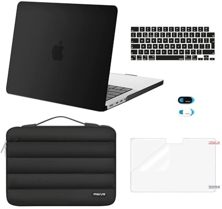 MOSISO Funda Compatible con MacBook Pro 14 Pulgadas 2026-2021 M5 M4 M3 M2 | M1 A3427 A3426 A3434 A3112 A3185 A3401 A2918 A2442, Carcasa&Bolsa Puffy&Tapa Teclado&Webcam&Protector Pantalla,Negro