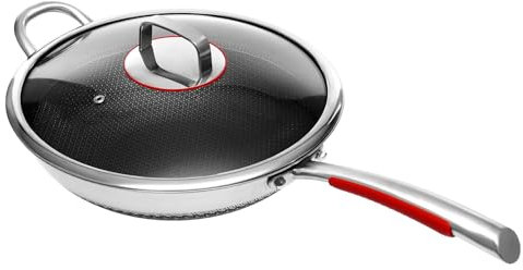 Zalydala Poêle à frire en acier inoxydable, poêle avec couvercle en verre trempé, acier inoxydable 316 de qualité supérieure et verre trempé, revêtement antiadhésif, casserole universelle