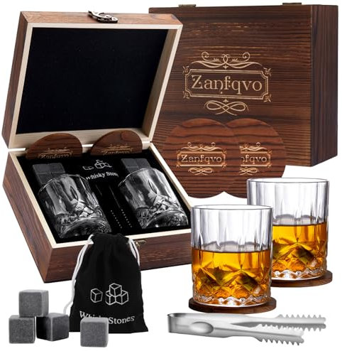 Zanfqvo Juego de Vasos de Whisky - Regalo Con Vasos (2 x 250 ml), Piedras y Accesorios - Para Hombre, Papá, Navidad