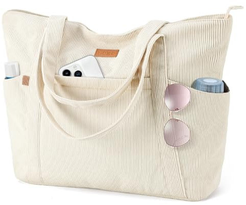 Lekespring Cord Tasche Damen, Groß Tote Bag Strandtasche mit Reißverschluss, Shopper Tasche Damen Laptoptasche mit 17 Zoll Laptopfach, Elegant Handtasche Umhängetasche für Arbeit Schule Gym-Beige