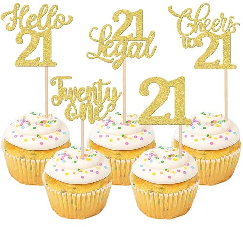 Xsstarmi 30 Pack Happy 21th Birthday Cupcake Toppers Gold Glitter Hello 21 Fabulous Twenty One Cupcake Picks Cheers to 21 Birthday Cake Decorations for Happy 21th Birthday Party Supplies
