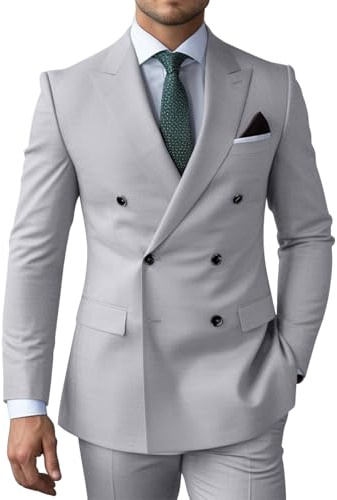 ZKHOECR Double Breasted Suit Men Slim Fit 3 Piece Light Grey Suit for Men Wedding Prom Business Tuxedo Jacket Vest Pants XL