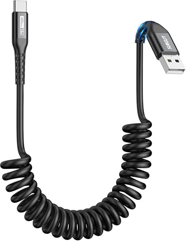 SUNGUY Cavo A Spirale USB C, 1Pezzi 1.2M [Lunghezza comoda: 0.3-0.8M] USB a USB-C e Cavo Dati per Android Auto, CarPlay, iPhone Serie 17/16/15, Galaxy S24 Ultra S23 FE, Google Pixel, Xiaomi - Nero