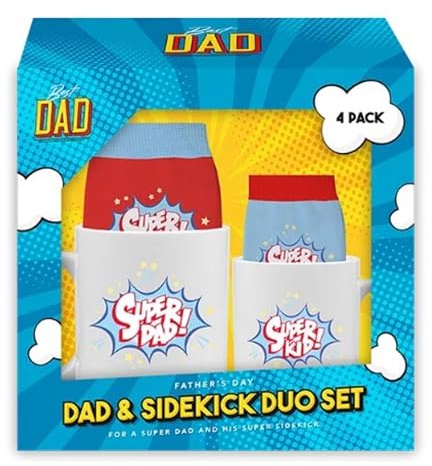 eBoutik - Super Dad and Super Kid Mini Me Matching Mug & Socks Gift Set, Present for Dad from Son or Daughter - Cup & Footwear Present for Birthdays or Christmas