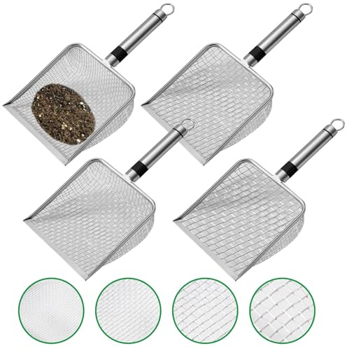 Lot de 4 tamis à compost de jardin en 4 tailles (mailles 2/2,8/3,8/5 mm) - Tamis à sable - Tamis à compost avec poignée, pelle à litière pour chat, tamis de jardin en acier inoxydable pour sable