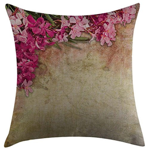 Cushion Covers Flower Vintage Illustration Of Oleander Flowers Distressed Retro Background Pink Green Light Yellow Pillow Cover Pillowcases Decorations Throw Pillow Case For 45X45CM
