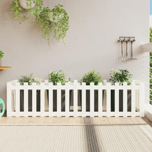 HaoChrymec Clôture Surélevée with Pin Massif, Design Élégant, Grande Profondeur, Clôture Bois, Barrière Potager, Clôture de Jardin Extérieur, Blanc, 200 x 50 x 50 cm
