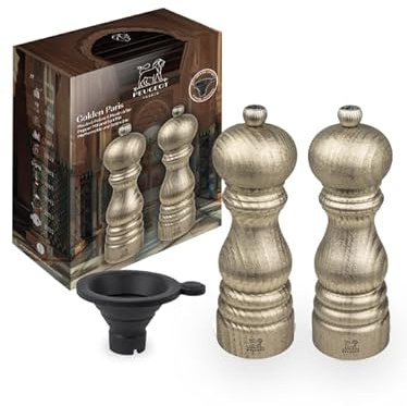 PEUGEOT - Set Paris Pfeffermühle + Salzmühle 18 cm - Silikontrichter, 1 Packung mit Trockensalz, 1 Packung Vietnamesischer Pfeffer inklusive - Französisches Know-how - Buchenholz - Goldfarbene Patina