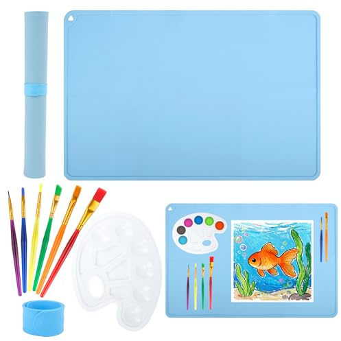 Koxtyzo Set Tapis en Silicone pour Enfants, Tapis Artistique en Silicone Grand 60x40 cm avec Bracelet de Rangement et Palette de Couleurs, pour Peinture, Dessin, Jeu avec Pâte à Modeler/Argile (Bleu)