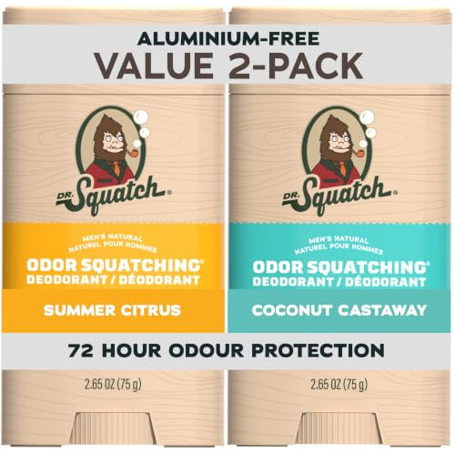 Dr. Squatch Naturlig deodorant för män utan aluminium, med aktivt kol och postbiotika för upp till 72 timmars skydd mot kroppslukt – Summer Citrus, Coconut Castaway, 75 g Deodorant Stick män (2-pack)