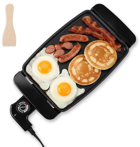 I-Keukenn Small Electric Griddle, 10 Inch Mini Ceramic Non-Stick Electric Skillet with Adjustable Thermostat, 1200W Single Serve Grill for Breakfast, Cooking for Pancakes, Eggs, Sausage