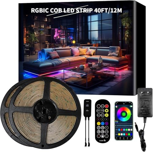 RGB+IC COB LED Streifen 12M LED Band 24V mit App Steuerung & Dimmbar | RF Fernbedienung Timer und Musik Sync,selbstklebend für einfache Montage in Wohnzimmer,Schlafzimmer,Gaming und Party