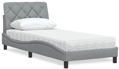 RMIHSJG Letto con materasso grigio chiaro 90 x 200 cm tessuto – Tessuto in poliestere traspirante e materasso in schiuma confortevole per un sonno riposante con rete a doghe integrata e stabile