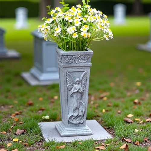 Friedhofsvase aus Kunstharz mit 5,5 Zoll Metallspieß für Gräber und Garten Gedenkdekoration, Engel-Design, Grau