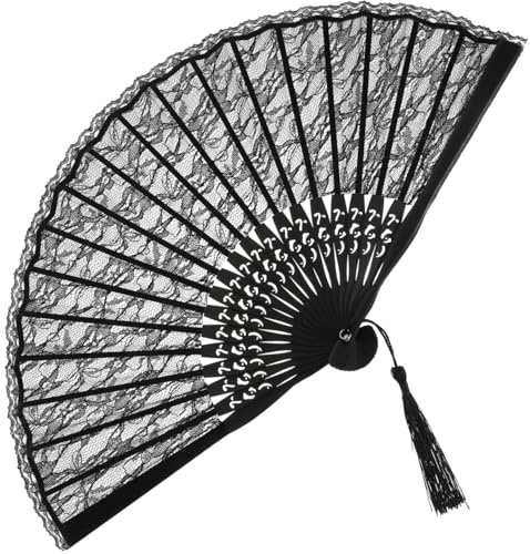 iplusmile Spitzenfächer 23 cm, Faltfächer mit Quaste, Schwarz | Hochzeit & Events, dekoratives Accessoire für Outfits, Party und Kostümveranstaltungen, leicht zu transportieren