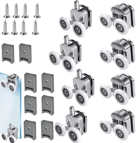 InYoHui Shower Door Rollers 8pcs 23mm for Curved Glass | Aluminium Alloy Core with Chrome Finish, with Anti-collision Blocks and Screws, fits 4-6mm Glass with 12-14mm Holes