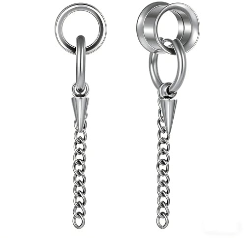 Hoisy Tunnel Ohrringe mit Anhänger 2 PCS, Ohr Plug 10mm(00G) mit Kette, Expander Tunnel Set Edelstahl Schwarz