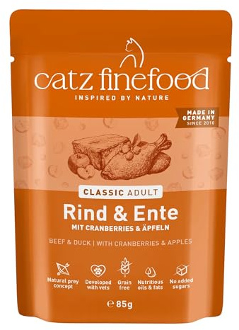 catz finefood N° 23 Manzo e anatra cibo per gatti bagnato, raffinato con mirtillo rosso e aloe vera, 16 sacchetti da 85 g